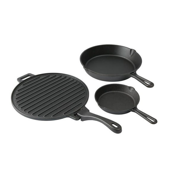 Ozark Trail 4-piece Cast Iron Skillet Set with Handles and Griddle, Pre-seasoned, 6", 10.5", 11", Hand Wash Only