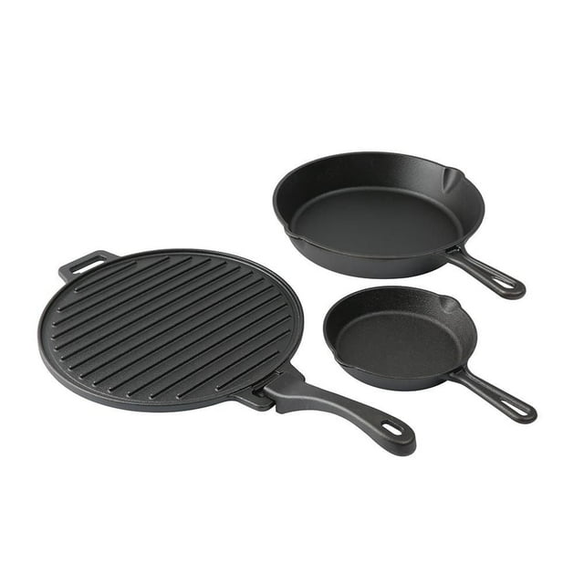 Ozark Trail 4-piece Cast Iron Skillet Set with Handles and Griddle, pre-seasoned with natural plant oil, includes 6", 10.5", and 11" skillets with easy pour lips and loop handles, plus a ridged griddle with removable handle, compatible with induction, ceramic, electric, gas cooktops, oven, grill, and campfire, also suitable for outdoor cooking.