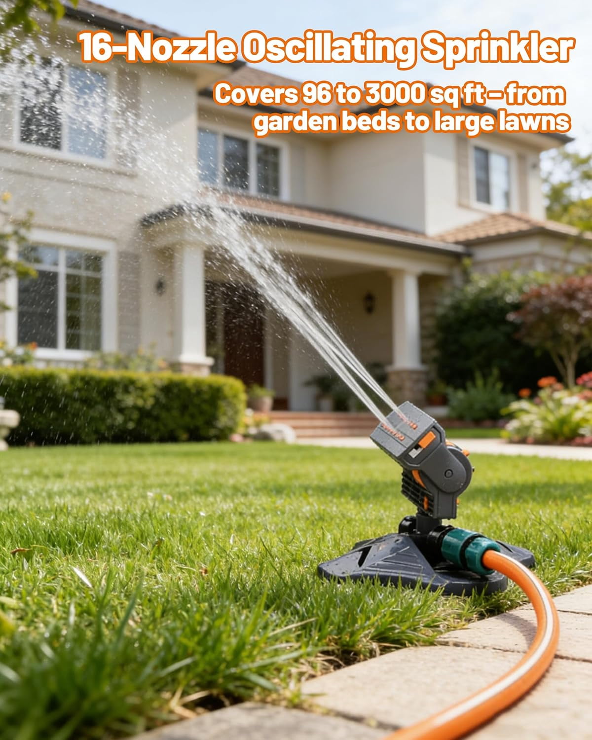 16-Nozzle Oscillating Sprinkler, Leak-Proof Metal Connector & Dual Filter System, 4 Adjustable Spray Modes, Large Area Lawn Sprinkler for Yard Garden Watering