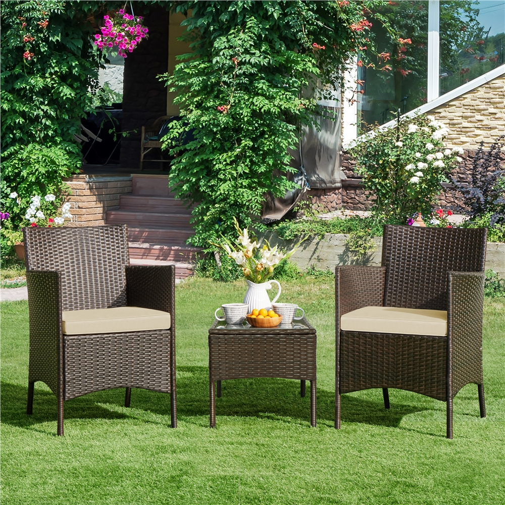 Alden Design 3-Piece Bistro Set with Rattan Chairs and Table for Outdoor Patio, Brown with Beige Cushions