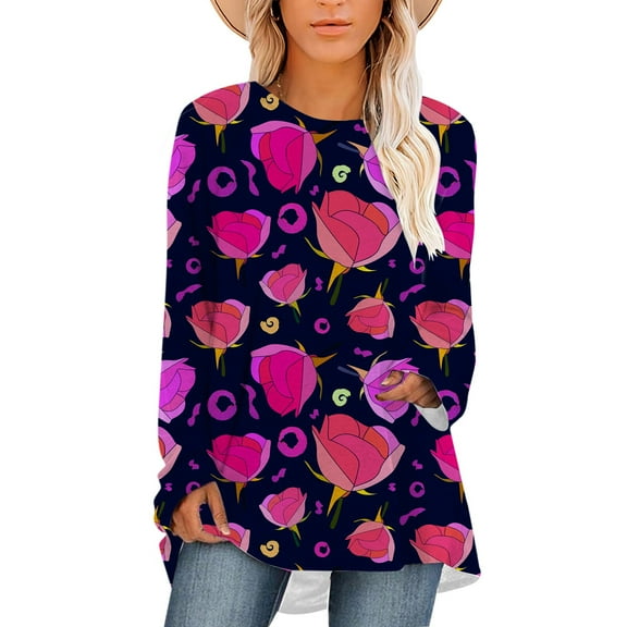 CLOOCL Women T-Shirt Plus Size Tops Rose Print Long Sleeve Tee Valentine's Day Girlfriend Gift Shirts