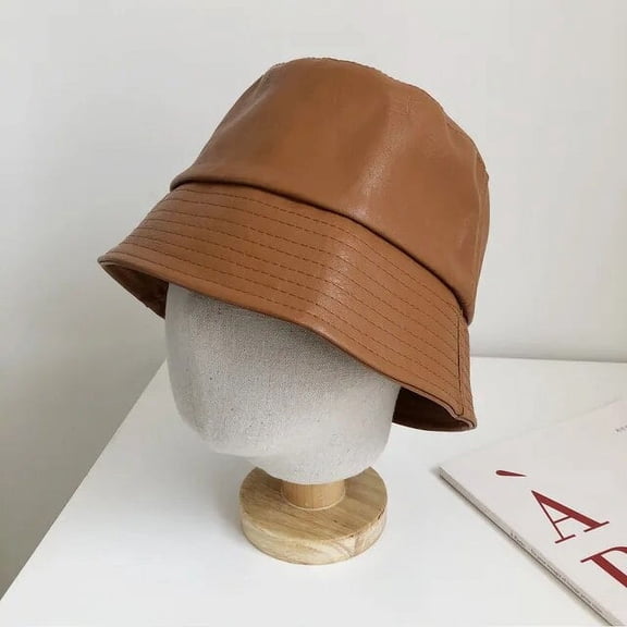 SikaFu New PU leather solid color bucket hat for autumn and winter, versatile personality fisherman hat for traveling basin bonnet