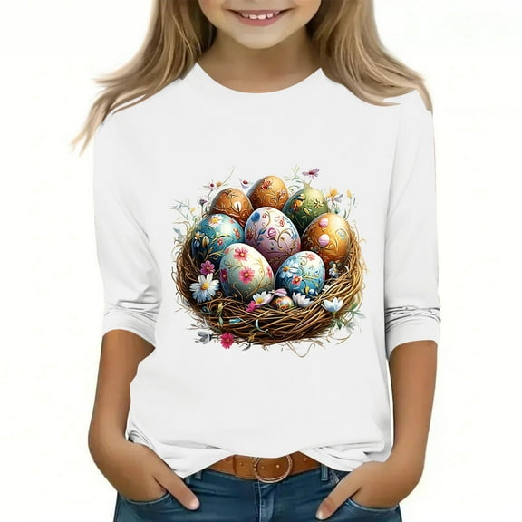 Girls Clothes under $5! Cagogo Easter Shirt for Tween Girls Kids 3/4 Sleeve Casual Shirts Bunny Rabbit Print Loose Fit Dressy Tunic Tops Blouse Graphic Tee 3-12 Years