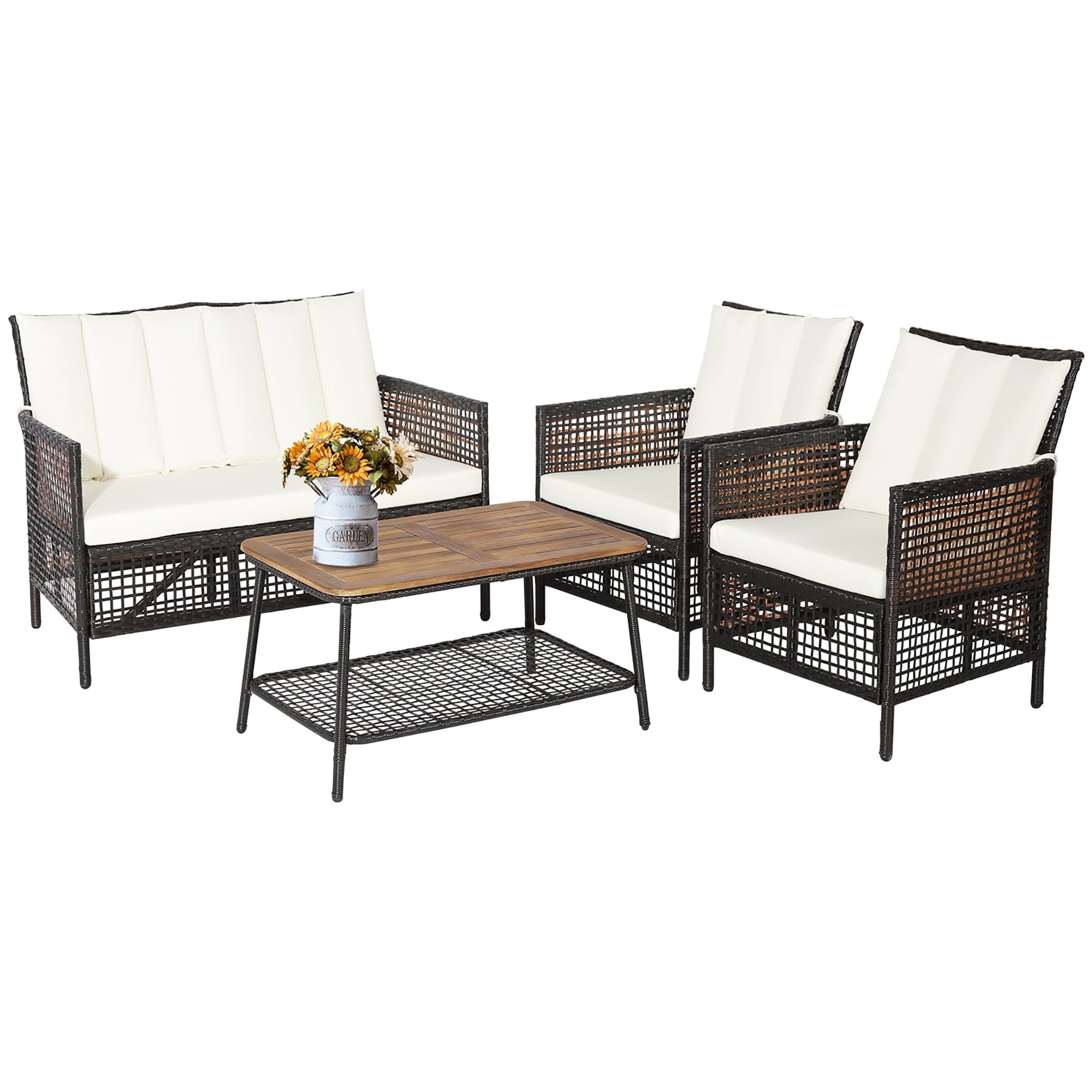 Costway 4PCS Patio Rattan Furniture Set Conversation Glass Table Top Cushioned Sofa Beige