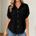 thumbnail image 2 of FINALGANG Womens Lapel Collar Roll Tab Short Sleeve Solid Color Dual Bust Pocket Curved Hem Loose Button Down Shirt Relaxed Fit For Ladies Office Daily Outdoor Outing Black XXL, 2 of 7