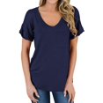 thumbnail image 5 of Camiseta de mujer con cuello en V, manga corta, bolsillo, blusa, top casual de verano, azul marino, S seitruly AP001345-11, 5 of 5