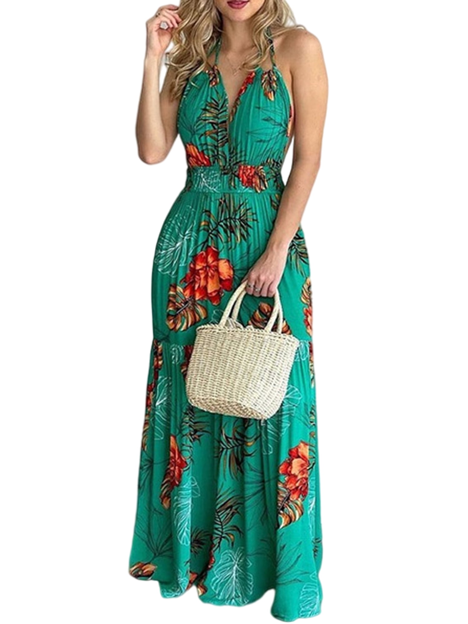 Women Boho Sleeveless Maxi Dresses Round Neck Pachwork Floral Print Tank Vest Sundrss Beach Long Dress Summer Dress