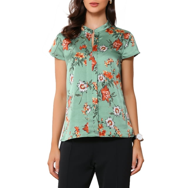 Blusas de trabajo Satin Inspire Chic para mujeres, blusa casual de negocios con mangas de capucha, floral vintage, S gris verde