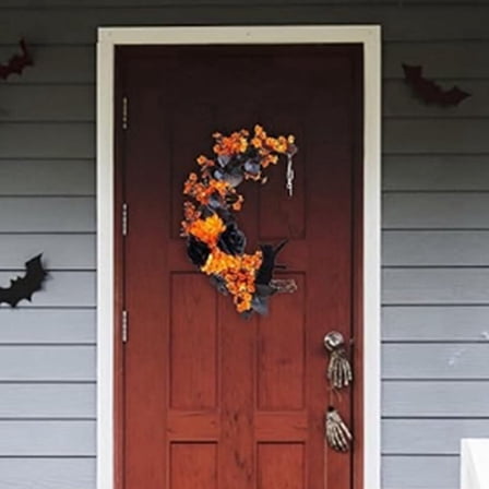 Halloween Moon Door Wreath Light-Up Cat Garland with Black Rose&Yellow Flowers for Front Door Favor Plastic cloth