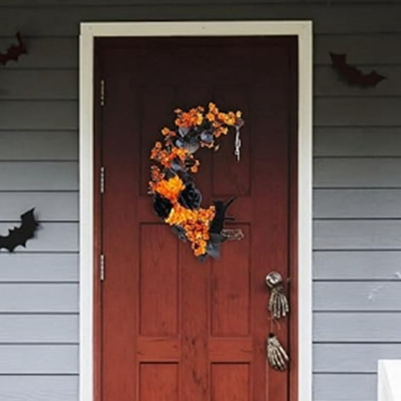 Halloween Moon Door Wreath Light-Up Cat Garland with Black Rose&Yellow Flowers for Front Door Favor Plastic cloth
