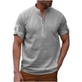 thumbnail image 2 of Vmvidoty Mens Cotton Linen Shirt Short Sleeve Casual Tee Band Collar Top Summer Beach Gray L, 2 of 9