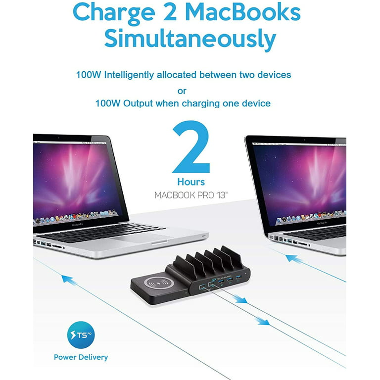  Techsmarter 6-Port Charging Station with 100W 2-Port USB-C PD,  15W Wireless Charger, Three 18W Fast Charging USB Ports. Compatible with  MacBook, iPad, iPhone, Samsung, Dell, HP, Lenovo : Cell Phones 