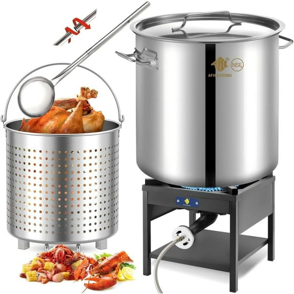 100QT Stainless Steel Seafood Boiling Kit with 48" Large Spoon, 200,000BTU Propane Burner for Outdoors Cooking, Large Stock pot w/Basket for Shrimp, Lobster, Crab Crawfish, Turkey Deep Fryer
