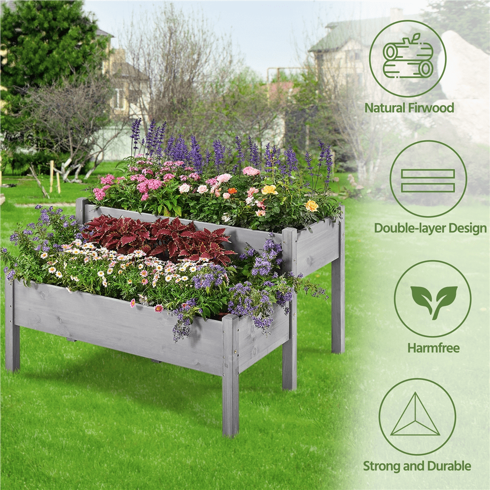 Renwick 2-tier Elevated Wooden Planter Box for Garden Yard Patio, Gray
