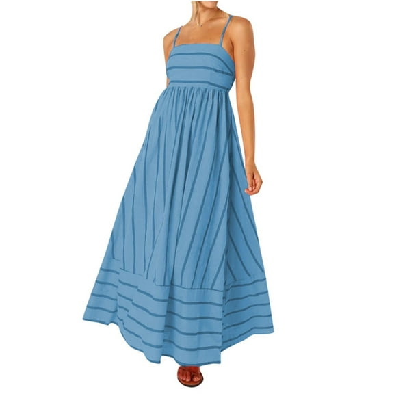 Kureaily Women Striped Sleeveless Maxi Dress Swing Cutout Midi Dress Backless Smocked Spaghetti Strap Boho Flowy Long Cute Casual Dresses Women's Casual Dresses