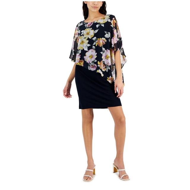 Connected Apparel Womens Asymmetrical Cape Overlay Sheath Dress, navy, 6