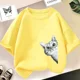 thumbnail image 3 of Bonita camiseta de algodón con dibujo de gato para niños y niñas, cuello redondo, manga corta, informal, estética, a la moda, para bebés, 3 of 5