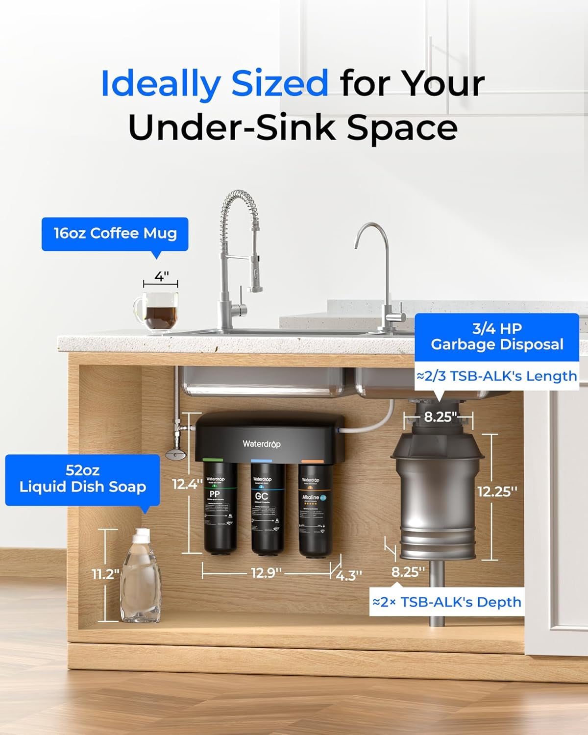 Restored Waterdrop TSB-ALK 8 Layer Slightly Alkaline Under Sink Water Filter System, Reduces PFAS, PFOA/PFOS, with Dedicated Faucet, Under Sink Water Filtration System (Refurbished)