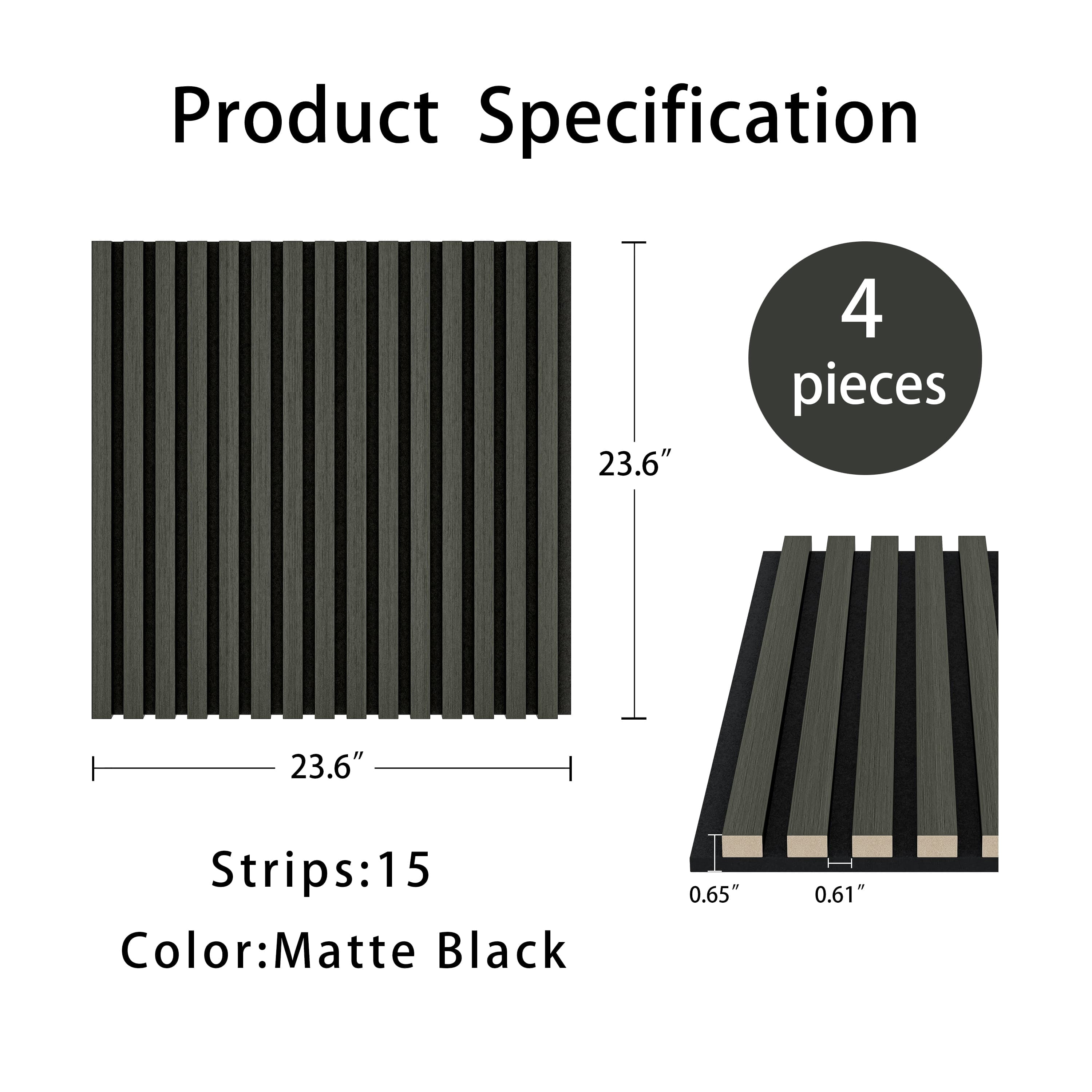 24"x24" Acoustic Slat Wood Wall Panel 3D Slatted Wall Panels 4Pcs,Black