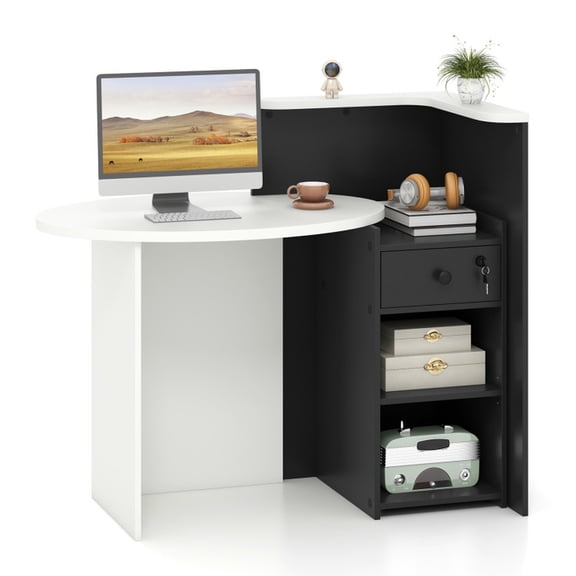 Furnibear Computer Desk Front Reception Office Desk with Open Shelf and Drawer Black & White
