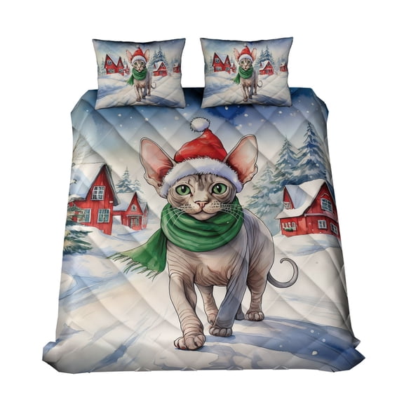 Hello Winter Sphynx Frosty Morning Walk Welcome Snowy Christmas Quilt Bedding Set Cat Lover Kitten Owner Gifts Idea 1 Blanket Bed Cover 2 Pillowcases - 02018