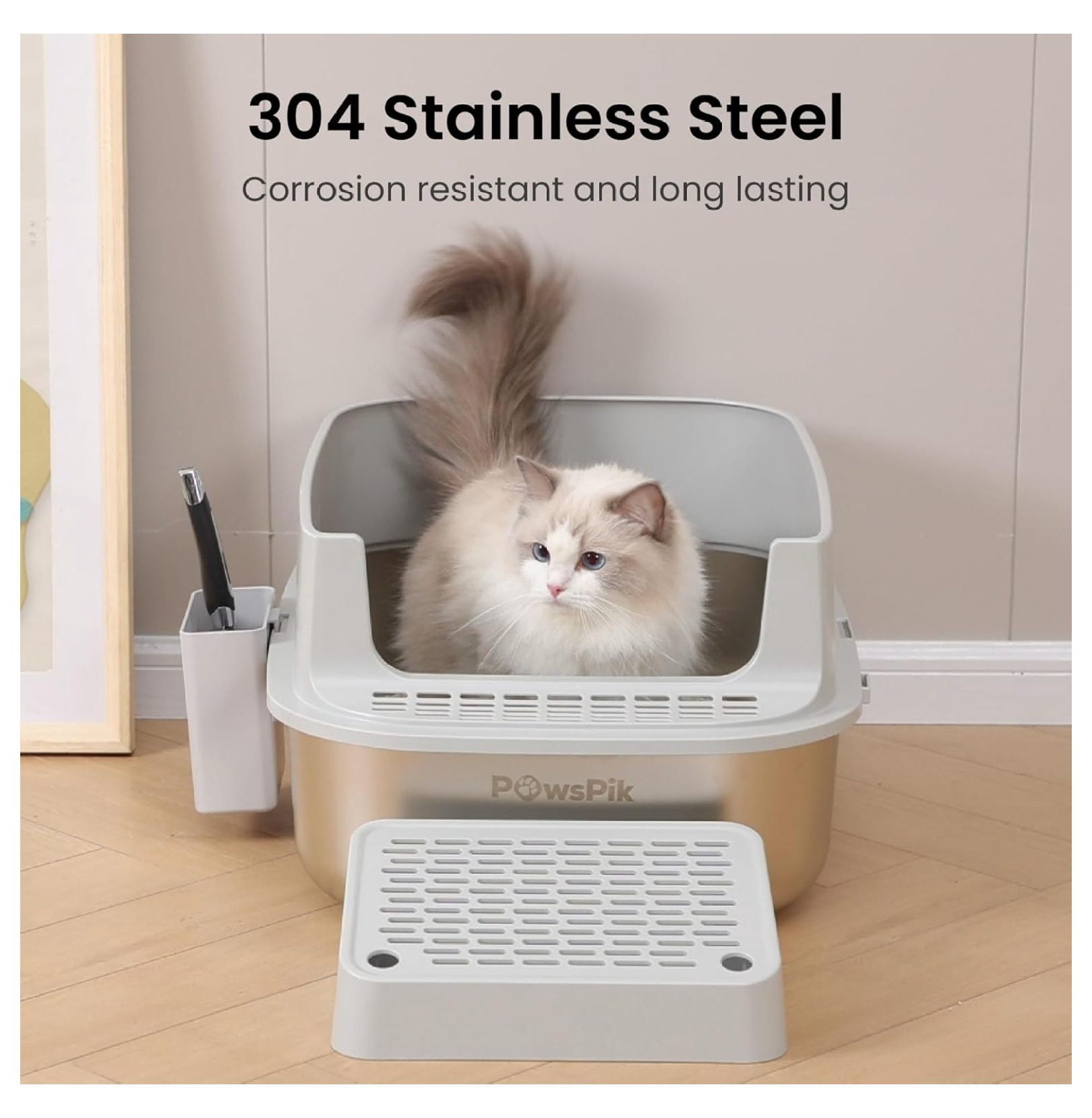 Enclosed XL Stainless Steel Litter Box with high Wall Sides, Leak-Resistant, Easy Cleaning, with Lid, Step, and Metal Scooper (Light Gray)