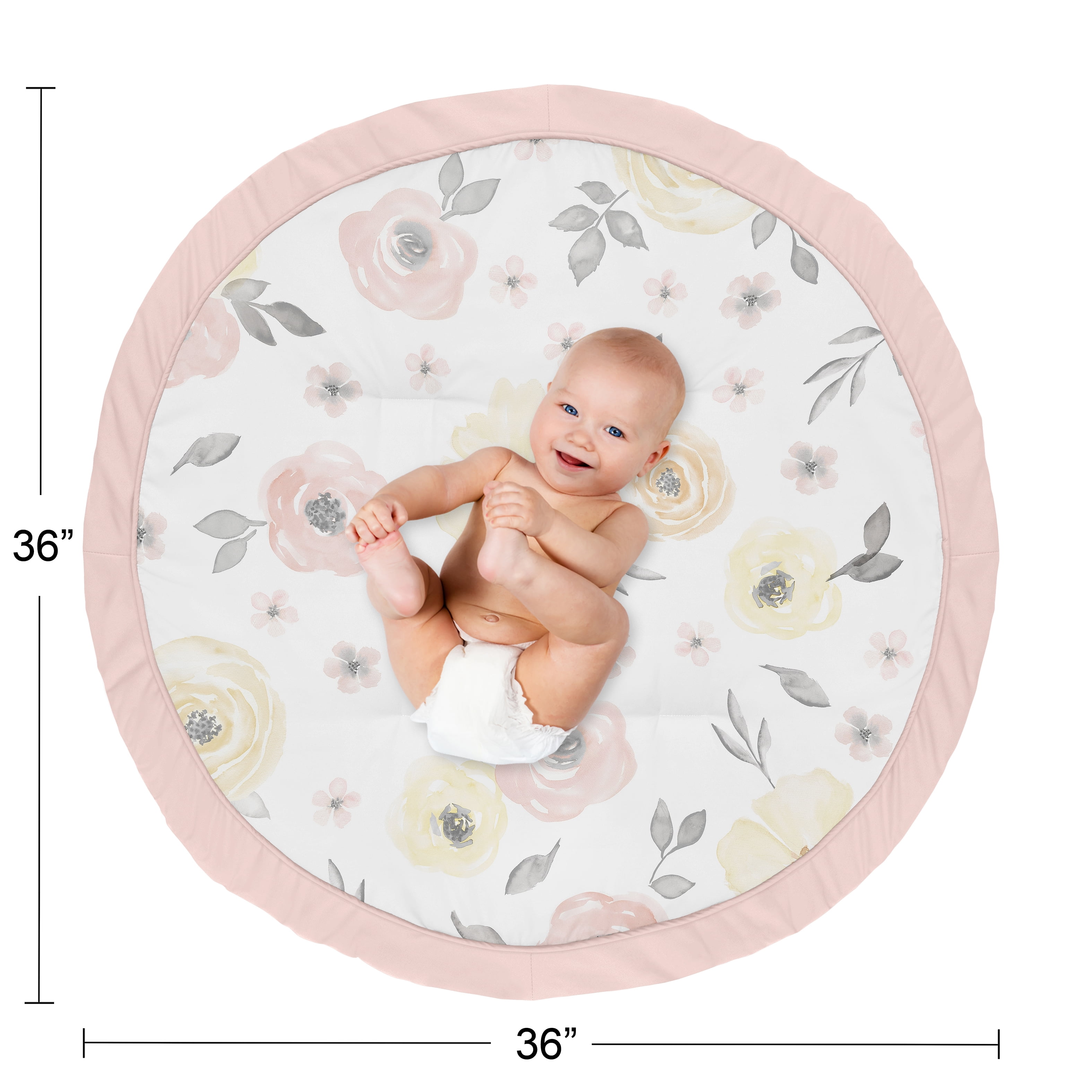 Sweet Jojo Designs Yellow and Pink Watercolor Floral Girl Baby Playmat  Tummy Time Infant Play Mat - Blush Peach Orange Cream Grey and White Shabby  