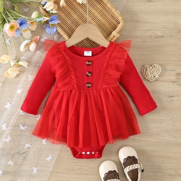 Baby Girls Solid Long Sleeve Dress Romper Bodysuit Outfits Clothes, 6-12 Months, RD1