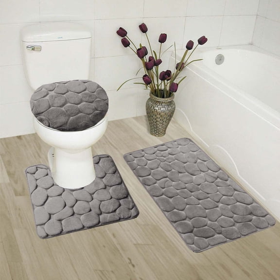 3 PIECE GREY ROCK STONE OVAL BATHROOM DESIGN SUPER SOFT COZZY ANTI SLIP WASHABLE INCLUDES : 1 Bath Math 18"X 30" 1 Contour Mat 18"X 18" 1 Lid Cover 18"X 18"