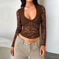 thumbnail image 2 of Sheer Tops for Women, Yigetop Lace Long Sleeve Tops for Women Low Cut Going Out Mesh Crop Tops Slim Tight Shirts Lace Undershirt Lace Tops for Women Brown XL, 2 of 7