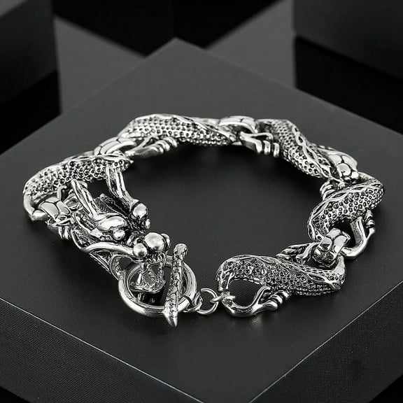 Ethnic Wind Dragon Bracelet Vintage 14K White Gold Dragon Cuff Bangles Men's Motorcycle Riding Charm Jewelry Gift