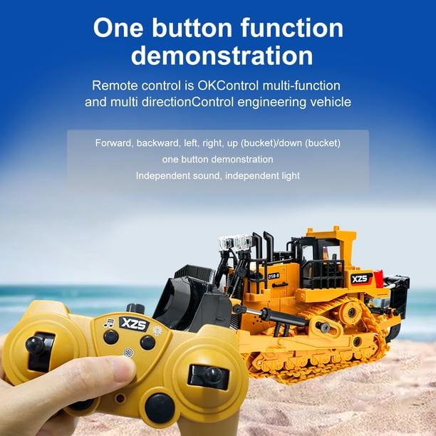 Bulldozer RC De Aleación Escala 1/24 – Control Remoto 9 Canales 2.4GHz Con Luces, Sonido Y Función Demostración, Carga USB, Empuja Hasta 3 Kg, Regalo Para Fans De La Construcción