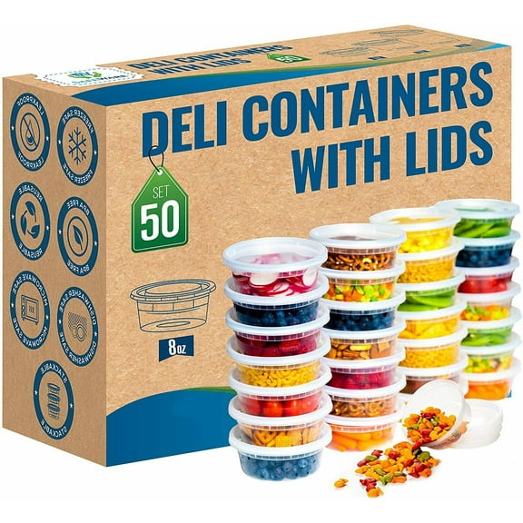50 Pack Light Weight 8 oz Durable Deli Food/Soup Plastic Containers w/ Lids and Airtight