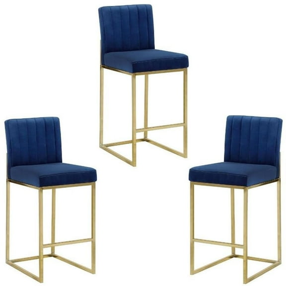 Home Square 3 Piece 26" Velvet Counter Stool Set with Gold Metal Base in Navy