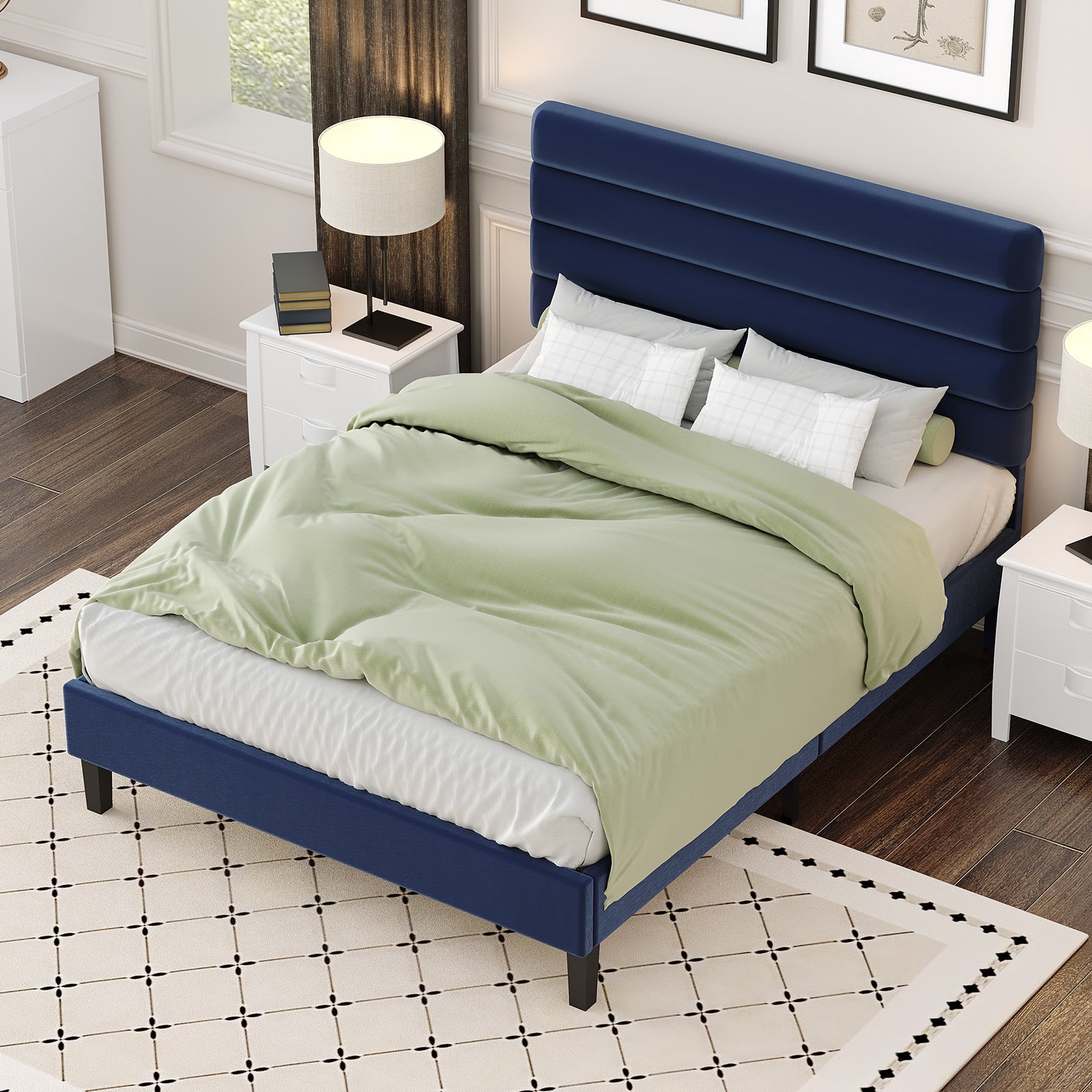 4 EVER WINNER Queen Size Platform Bed Frame, Horizontal Stitched Blue Velvet Upholstered Headboard, Solid Wooden Slat Support, Noise-Free, No Box Spring Needed