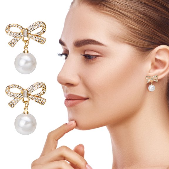 Pearl Accent Rhinestone Bow Drop Earrings for Sensitive Ears, Dangle Post Earrings Hypoallergenic Nickel-Free, 1.1x0.87 in​​