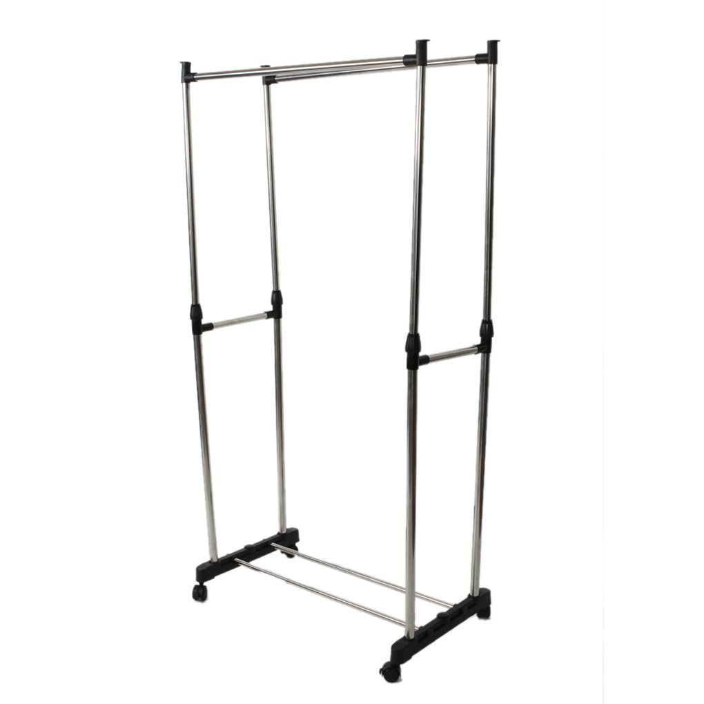Double Rod Adjustable Rolling Clothes and Garment Rack On Wheels