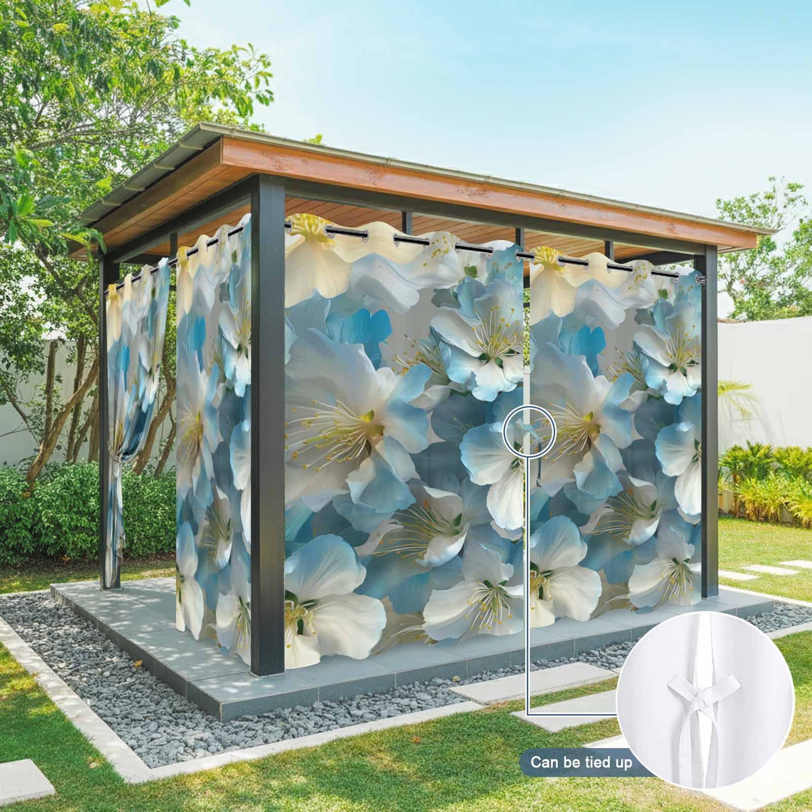 White Floral Outdoor Curtains for Patio, Modern Minimalist White Blue Cherry Blossom Sunshade Privacy Drapes Grommet Waterproof Outside Curtains for Porch/Cabana/Balcony 54"x 108", 1 Panel
