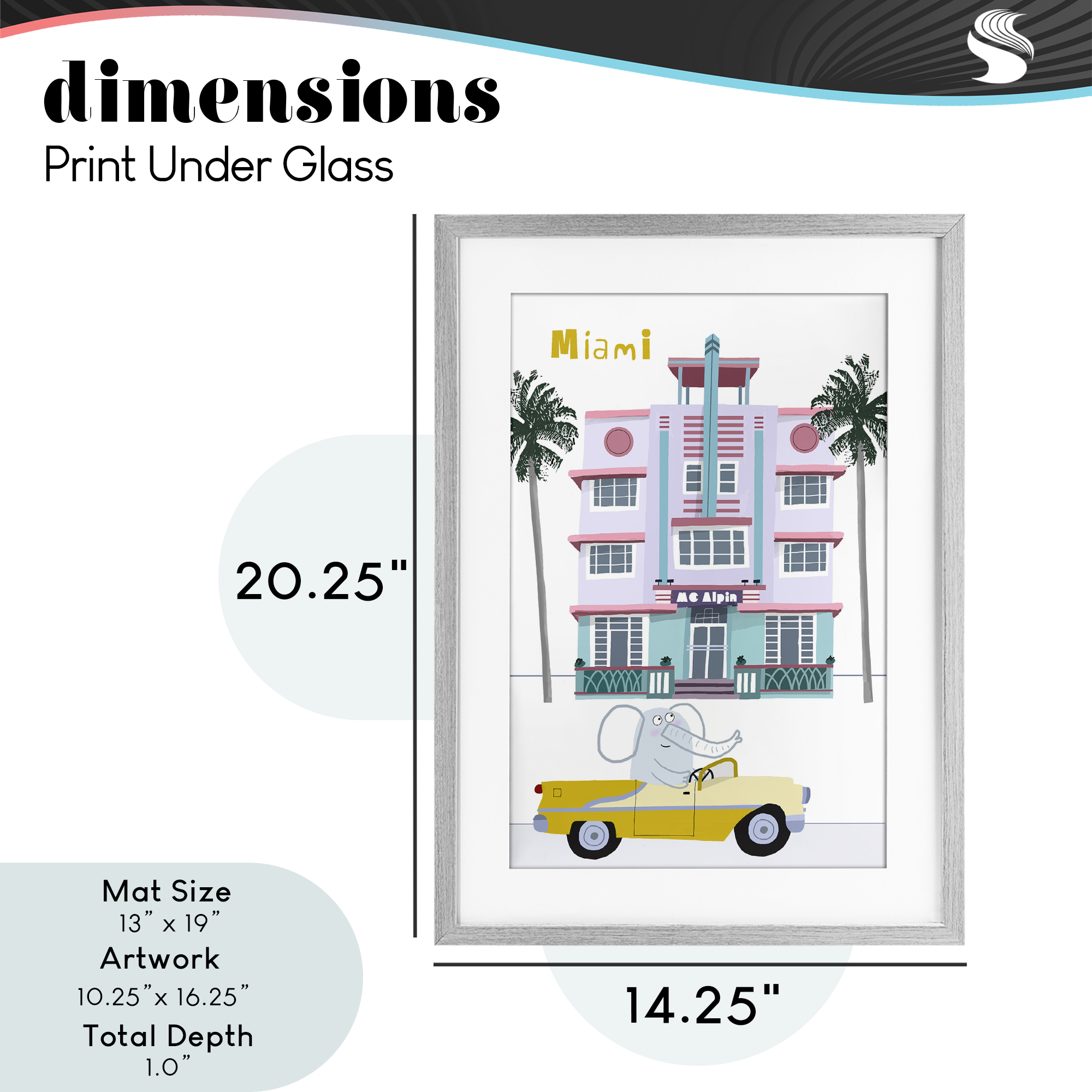 Elephant & Miami Hotel Gray Framed Print Under Glass, design by Carla Daly