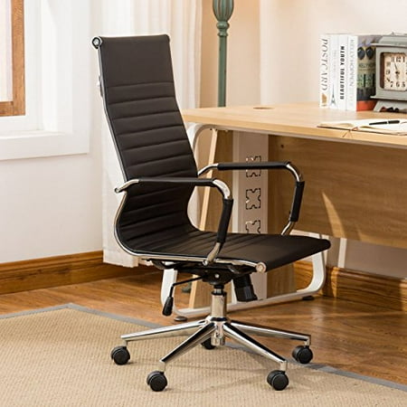 Chair Tilt Lock GHP Black High-Back Ribbed PU Leather Tilt Lock Modern Mesh Executive Office Chair ()