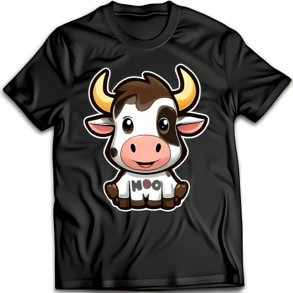 Fun Black T-Shirt with Cartoon Cow Graphic Moo Design Happy Expression