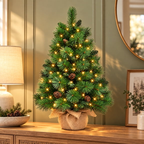 3 ft Pre-Lit Tabletop Christmas Tree with 50 Warm White LEDs, Battery Operated Mini Tree with Burlap Base