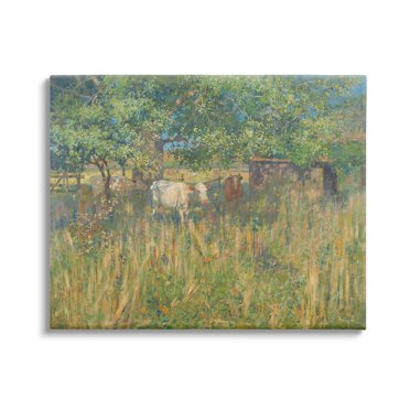 Cattle Grazing Grassland Pasture Landscape Painting Gallery Wrapped Canvas Print Wall Art