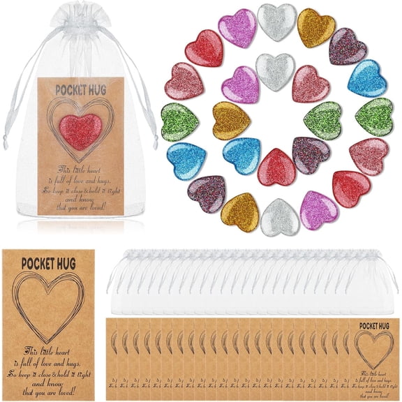 Pekkaxy 24 Set Pocket Hug Token Bulk Heart Shape Stones with Hug Card Organza Bag Greeting Keepsake Exchange Relationship Card for Friend Family Colleague Back to School Gifts Celebration of Life