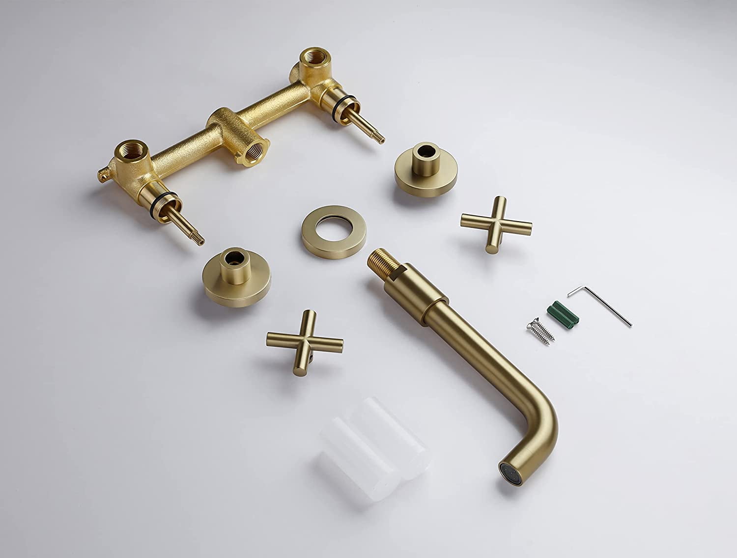 MAYEERTY Wall Mount Bathroom Faucet for Vessel Sink with 2 Cross Handles, Solid Brass, Brushed Gold