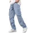 thumbnail image 2 of Ceisia Men's Solid Color Loose Cargo Pants with Multi Pockets & Drawstring Waist Light Blue M Gifts, 2 of 9