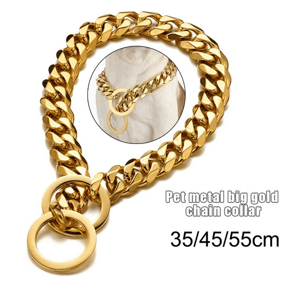 Pet Dog Collar Necklace,35cm/45cm/55cm Heavy Duty Cuban Dog Chain for Large Dogs,Strong Stainless Steel Metal Links Slip Chain Collar,Gold
