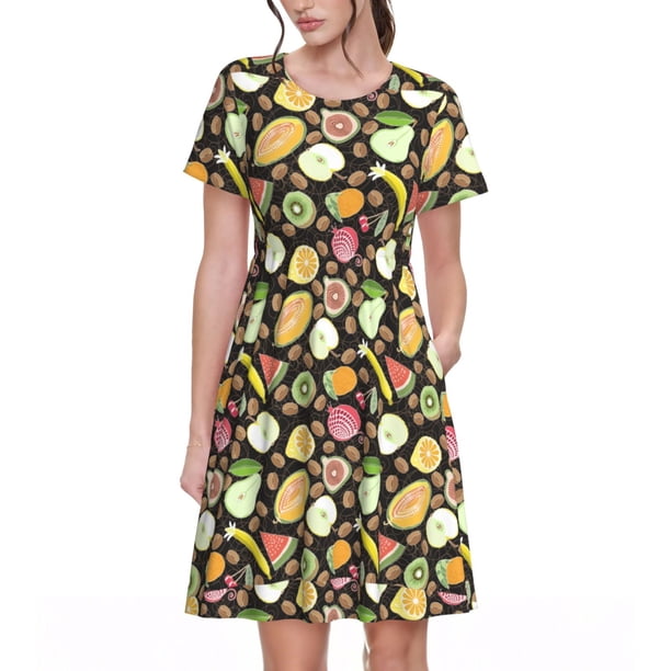 Fotbe Fruits Vestido Largo de Moda para Mujer, Vestido Tipo Camiseta con Manga Corta y Estilo Casual a Rayas y Bloques de Color