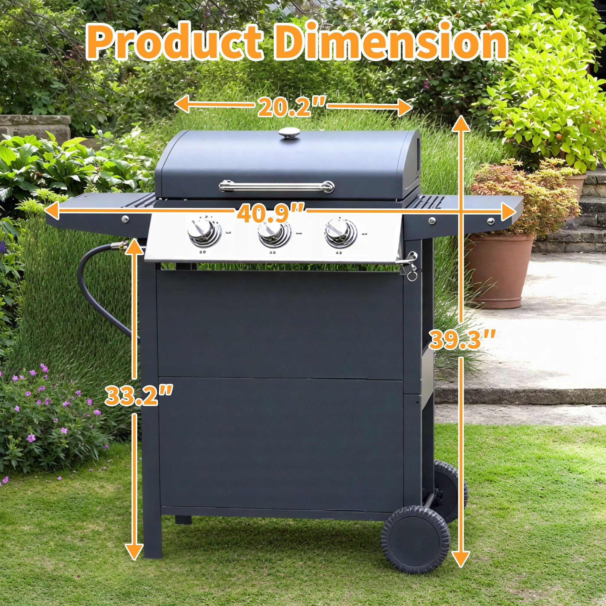 Highsound 3-Burner Propane Gas Grill, 25,650 BTU Stainless Steel BBQ Grill with Side Tables, Outdoor Portable Grill for Backyard & Camping, Black