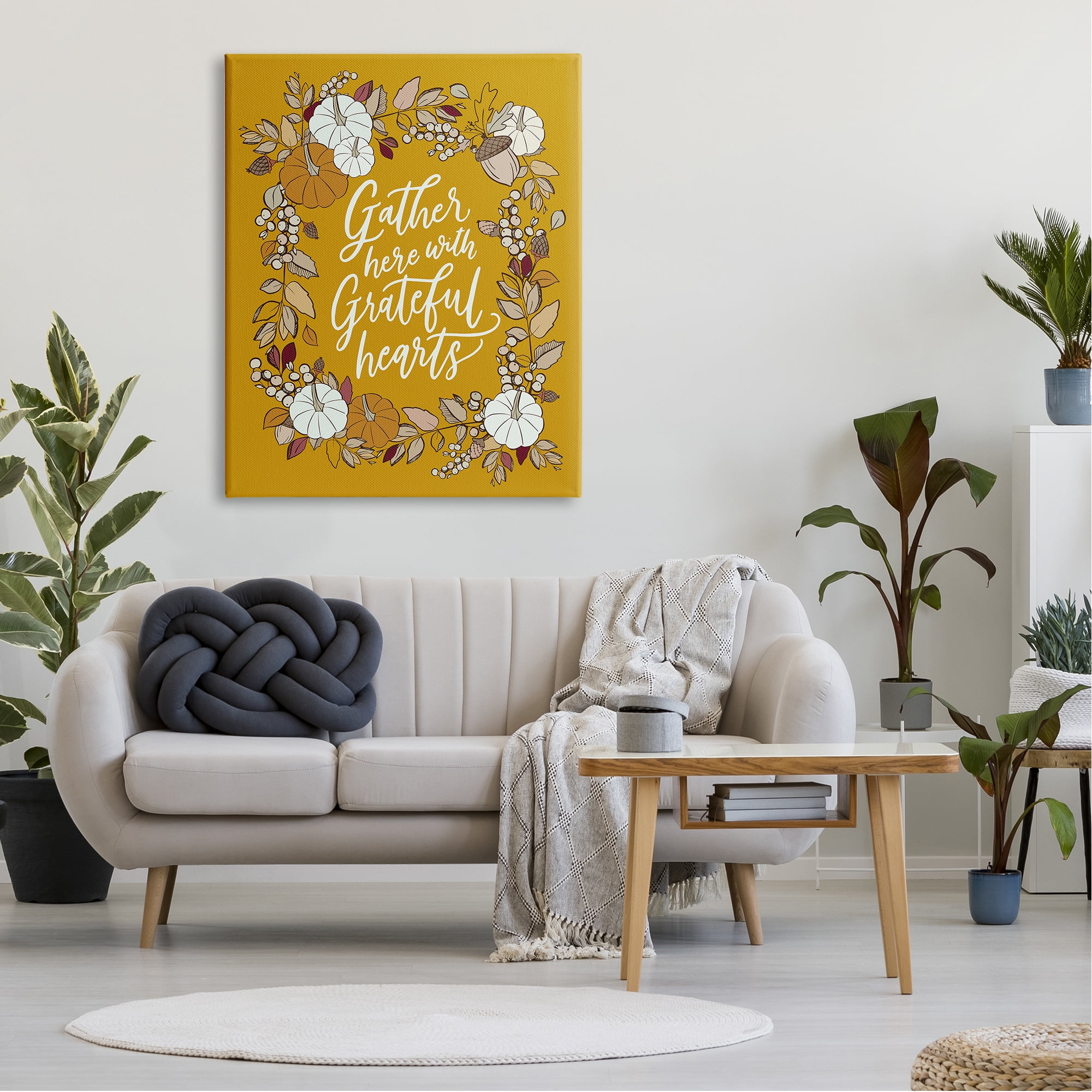 Stupell Industries Grateful Hearts Autumnal Vegetation Pumpkins Botanical Border Graphic Art Gallery-Wrapped Canvas Print Wall Art, 36x48, by doodles.ink.